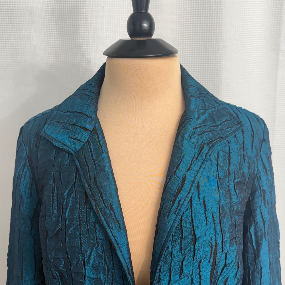 Chico's Women's Metallic Dark Teal Crinkle Blazer Jacket - Picture 2 of 8